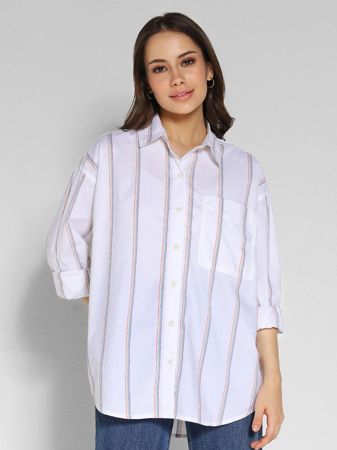 

AMERICAN EAGLE OUTFITTERS Women Spread Collar Vertical Striped Cotton Casual Shirt, White