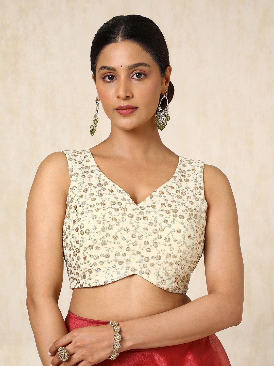 

Soch Embellished V Neck Padded Saree Blouse With Sequins, Beige