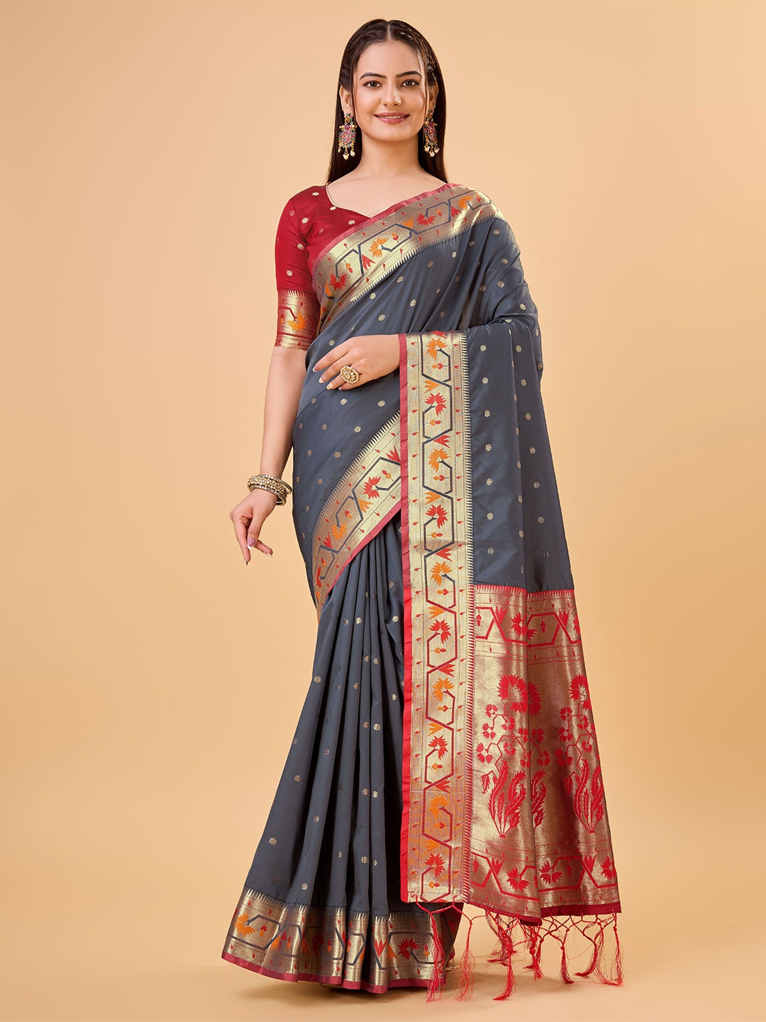 

Upalksh Woven Design Zari Pure Silk Banarasi Saree, Grey