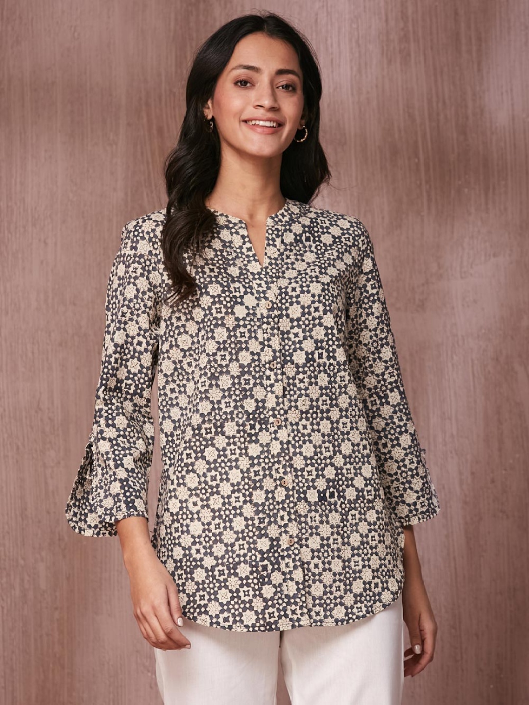 

Fabindia Women Ethnic Printed Printed Cotton Casual Shirt, Navy blue