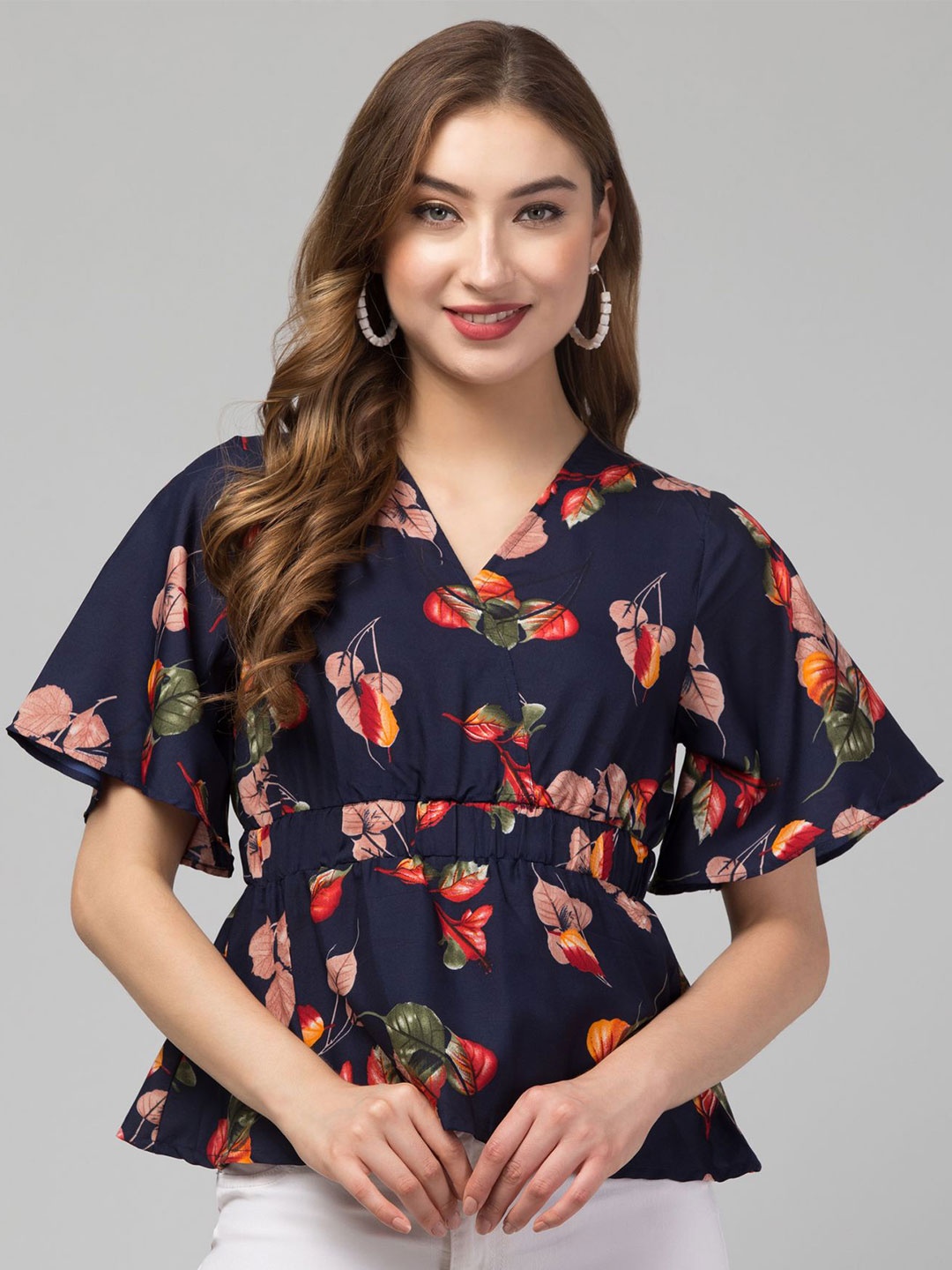 

CULPI Women Floral Printed V-Neck Flared Sleeves Wrap Top, Navy blue