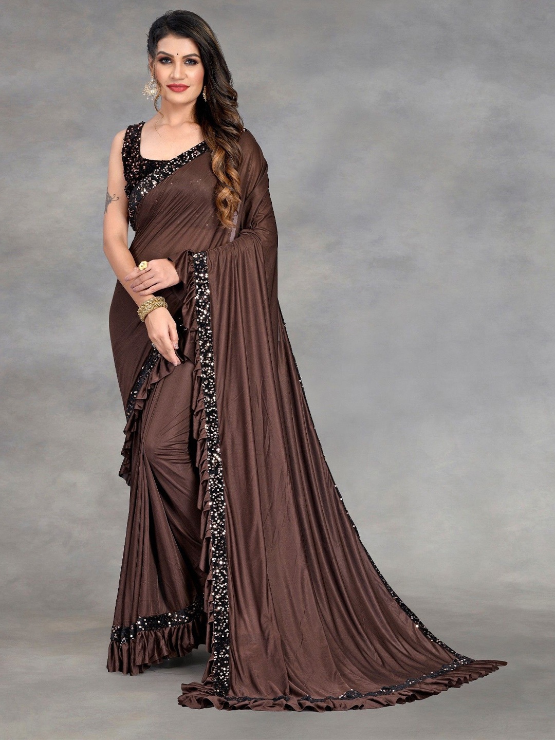 

Aika Embellished Sequinned Pure Georgette Saree, Brown