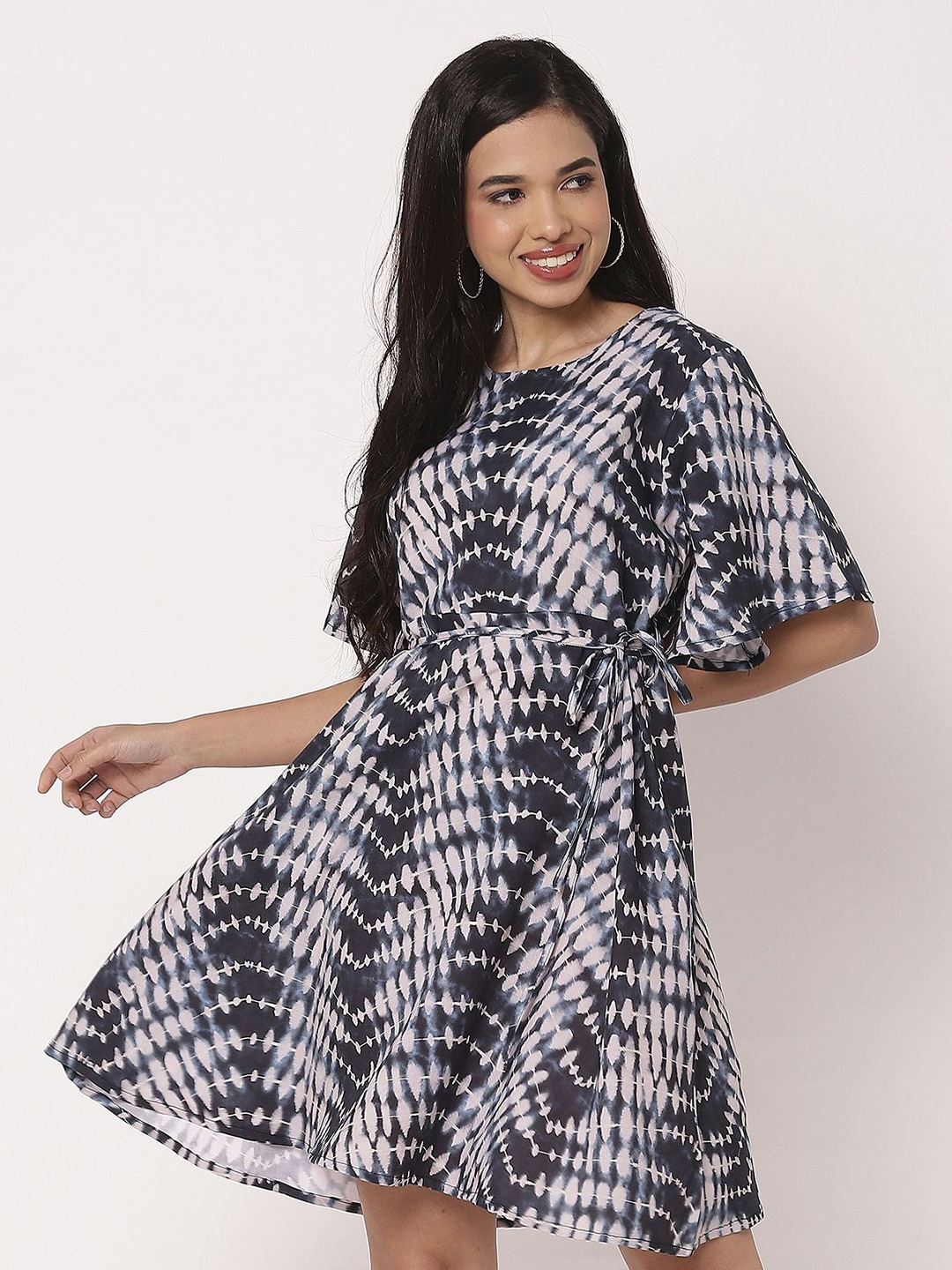 

Moomaya Tie and Dye Print Flared Sleeve A-Line Dress, Teal