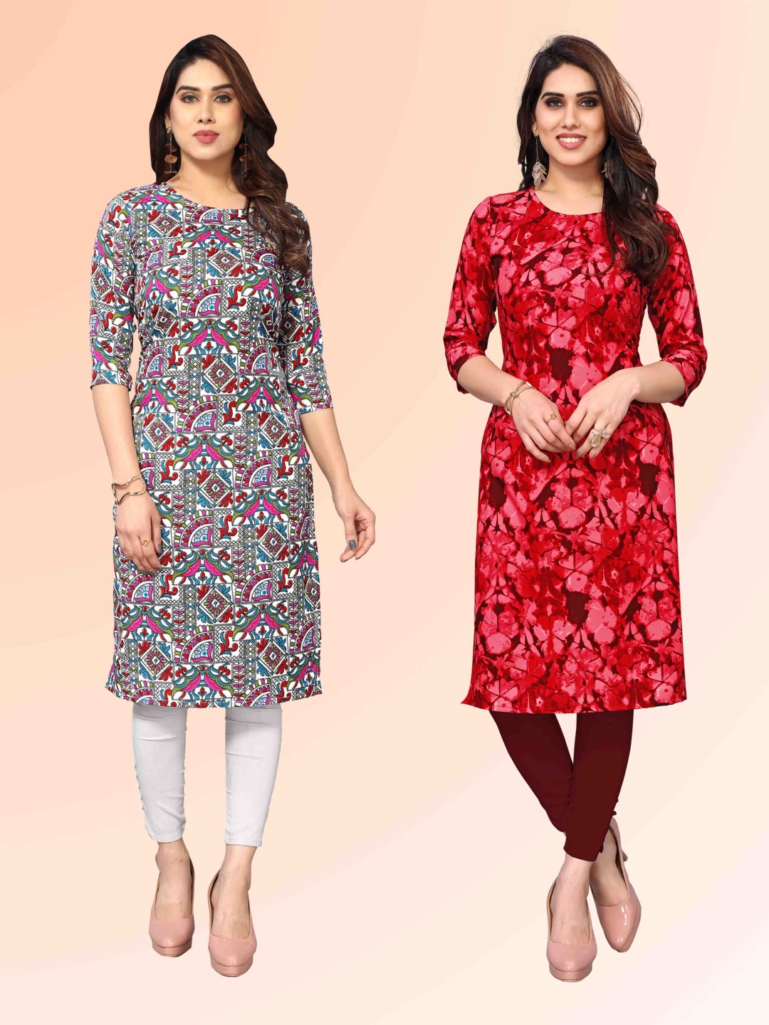 

KETAKI FASHION Selection Of 2 Floral Printed Round Neck Straight Kurtas, Grey
