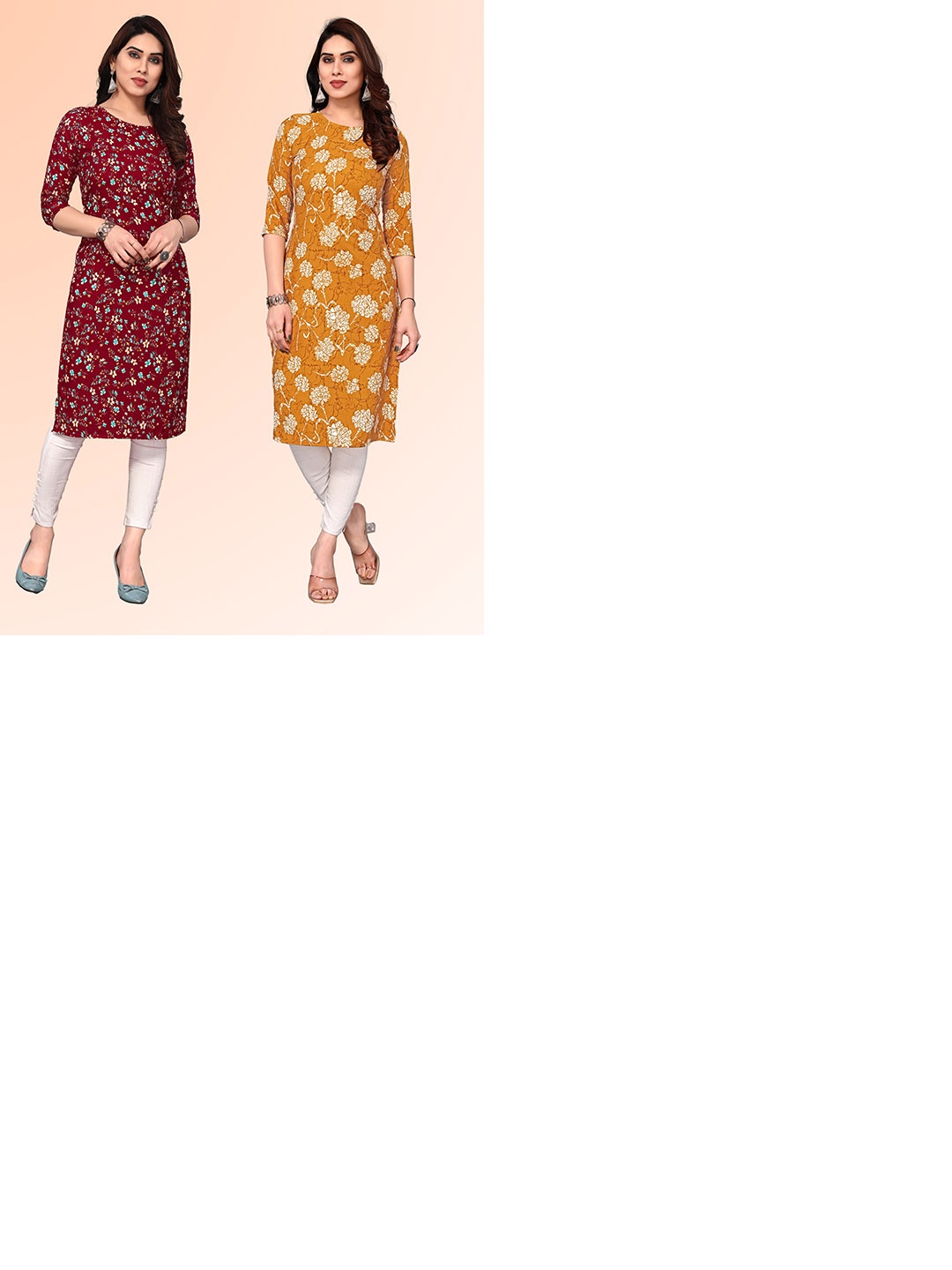

KETAKI FASHION Selection Of 2 Floral Printed Round Neck Straight Kurtas, Maroon