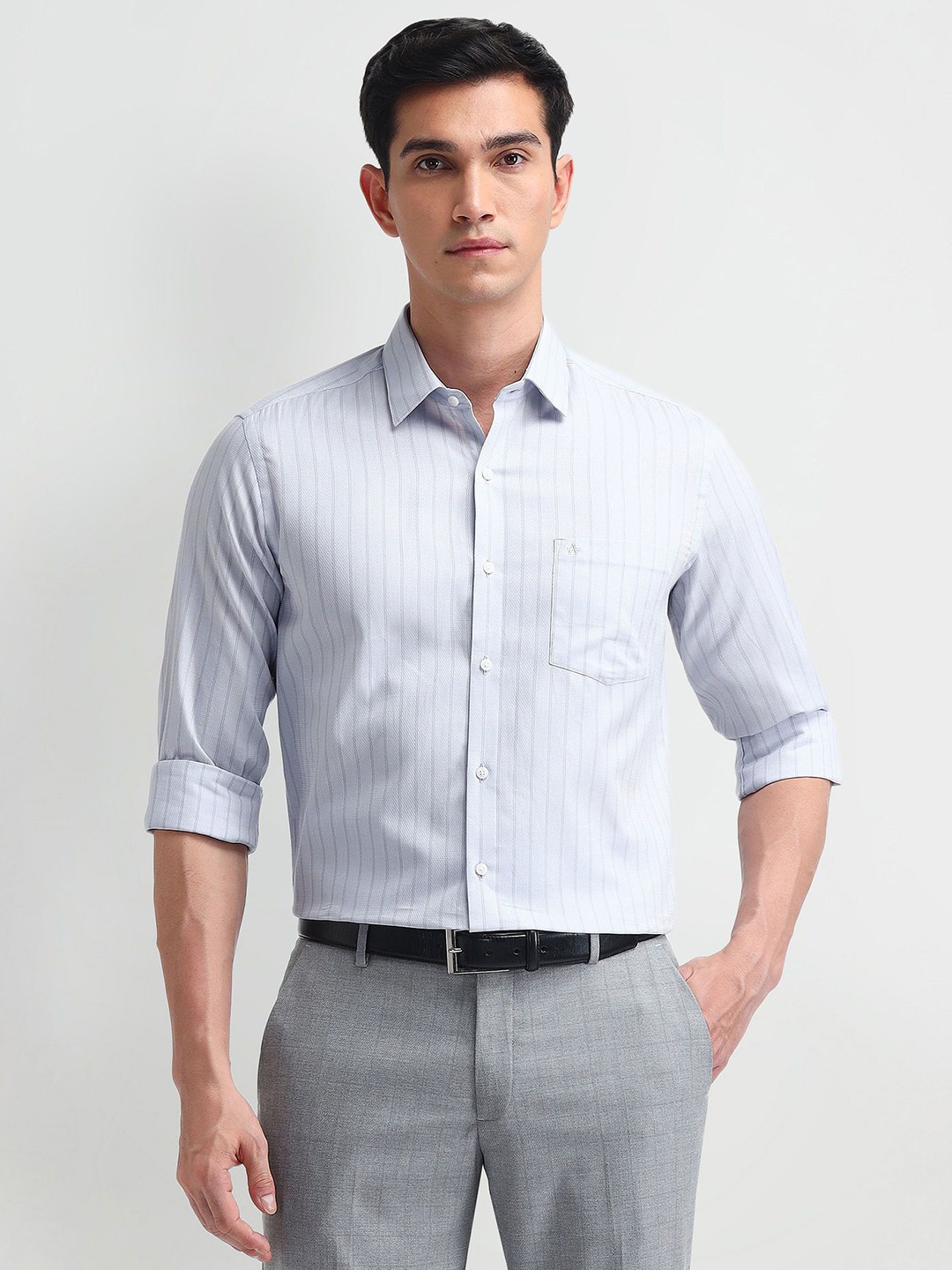 

Arrow Men Classic Slim Fit Spread Collar Vertical Striped Cotton Casual Shirt, Blue