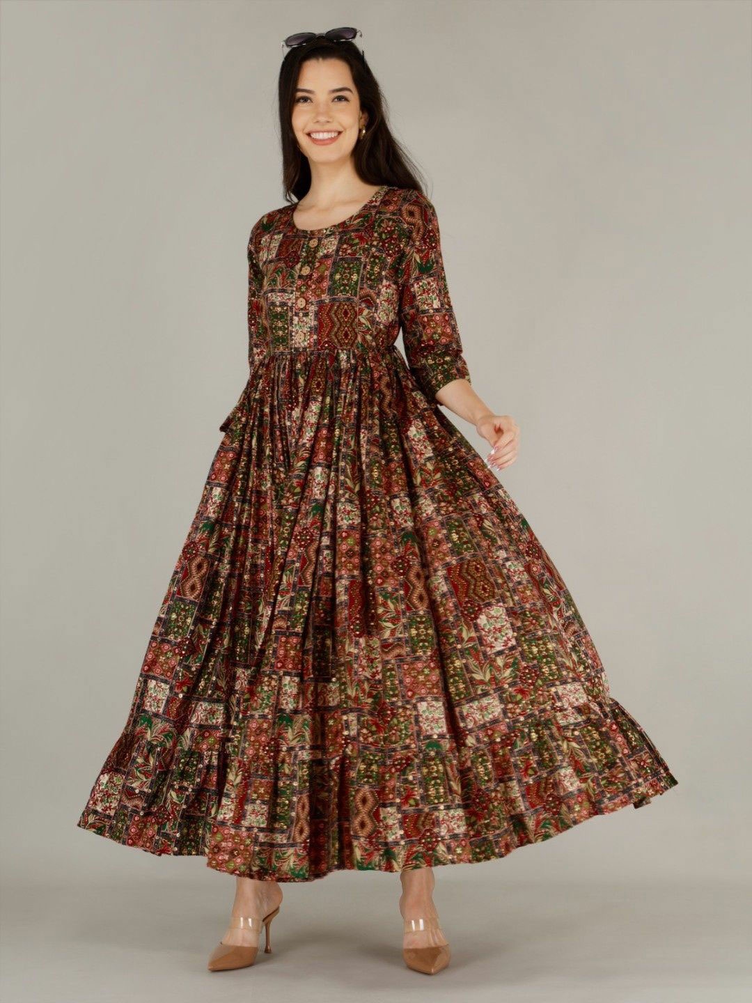 

SupBir Foil Printed Maternity Maxi Ethnic Dress, Brown