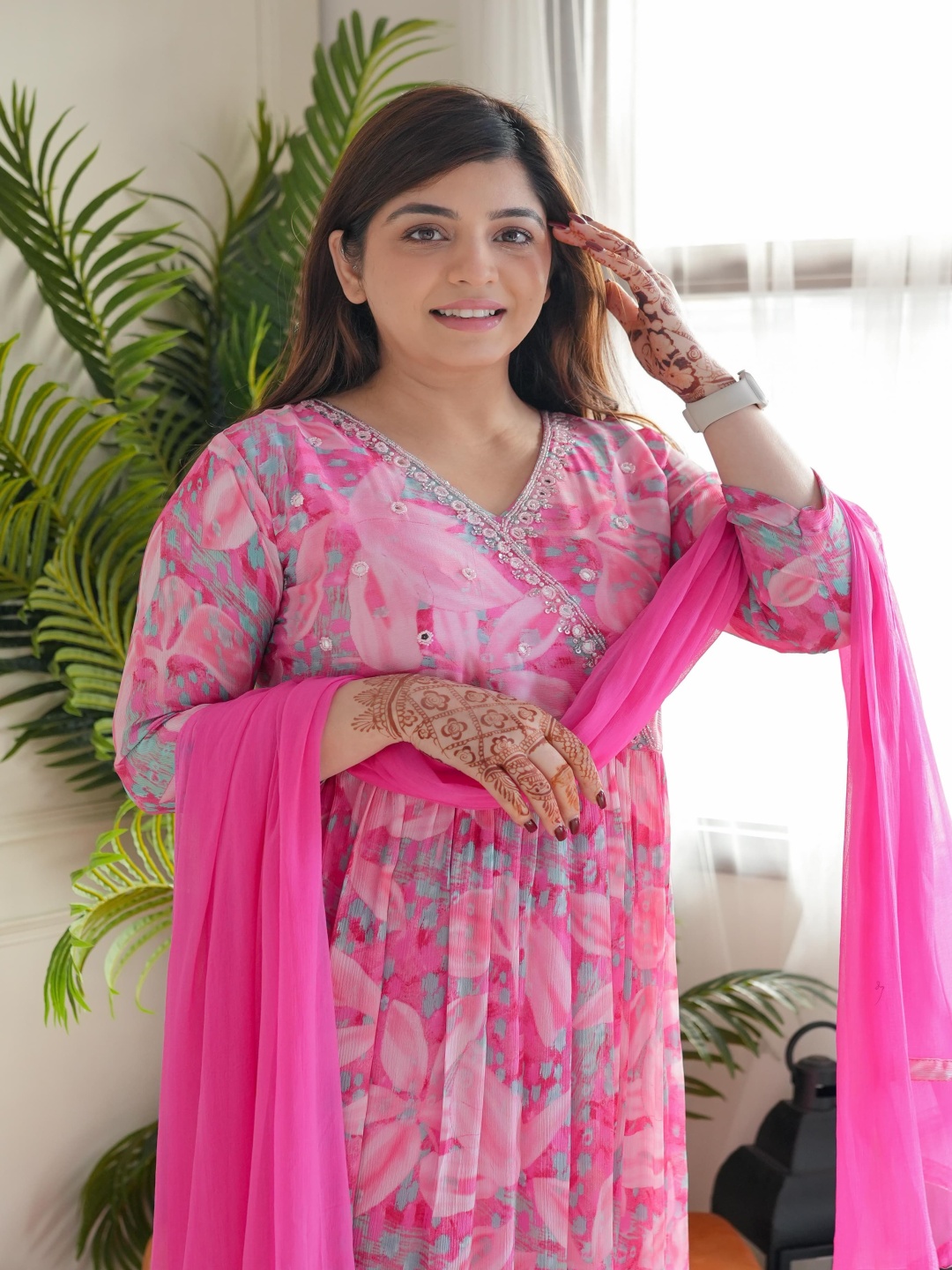 

IZIBRA Floral Printed Mirror Work V-Neck Angrakha Kurta with Trousers And Dupatta, Pink