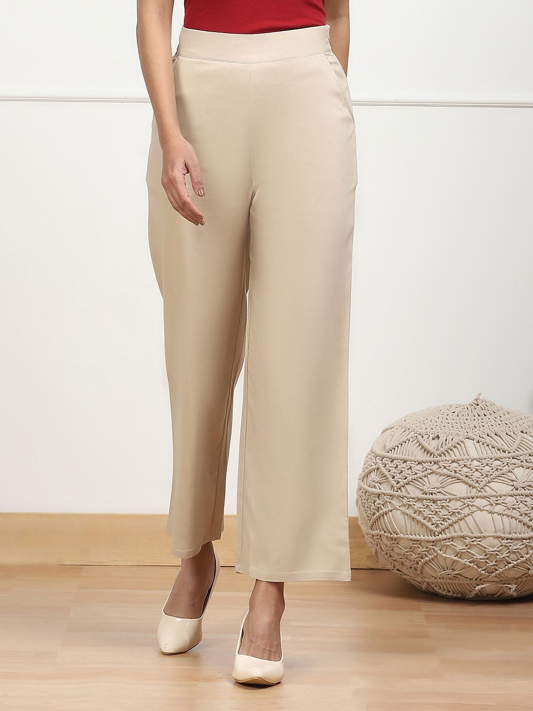 

Biba Women Relaxed Fit Mid-Rise Parallel Trouser, Beige