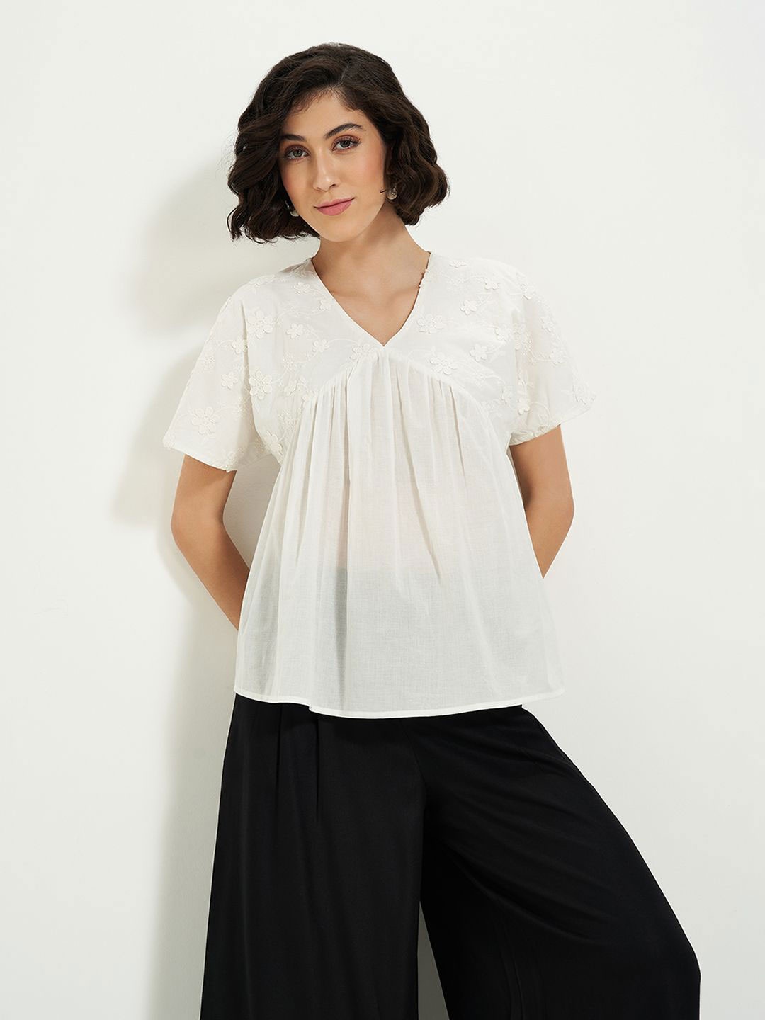 

AKKRITI BY PANTALOONS Women Self Design V-Neck Empire Cotton Top, Off white