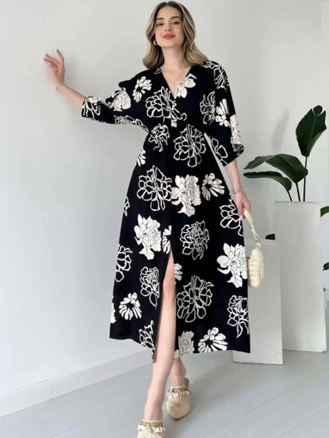 

PIMU Floral Print Fit & Flare Midi Dress, Black