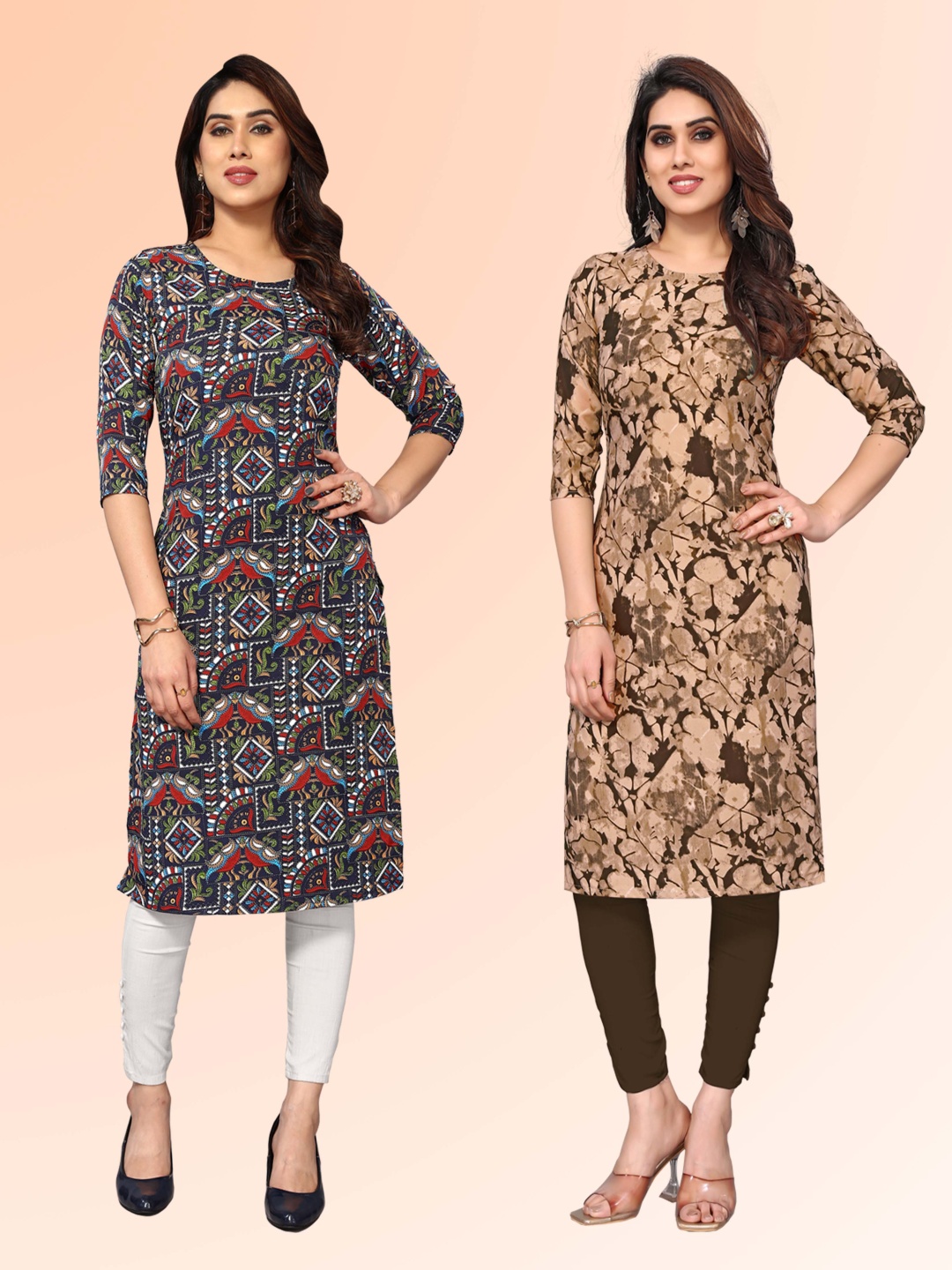 

KETAKI FASHION Selection Of 2 Ethnic Motifs Round Neck Straight Kurtas, Teal