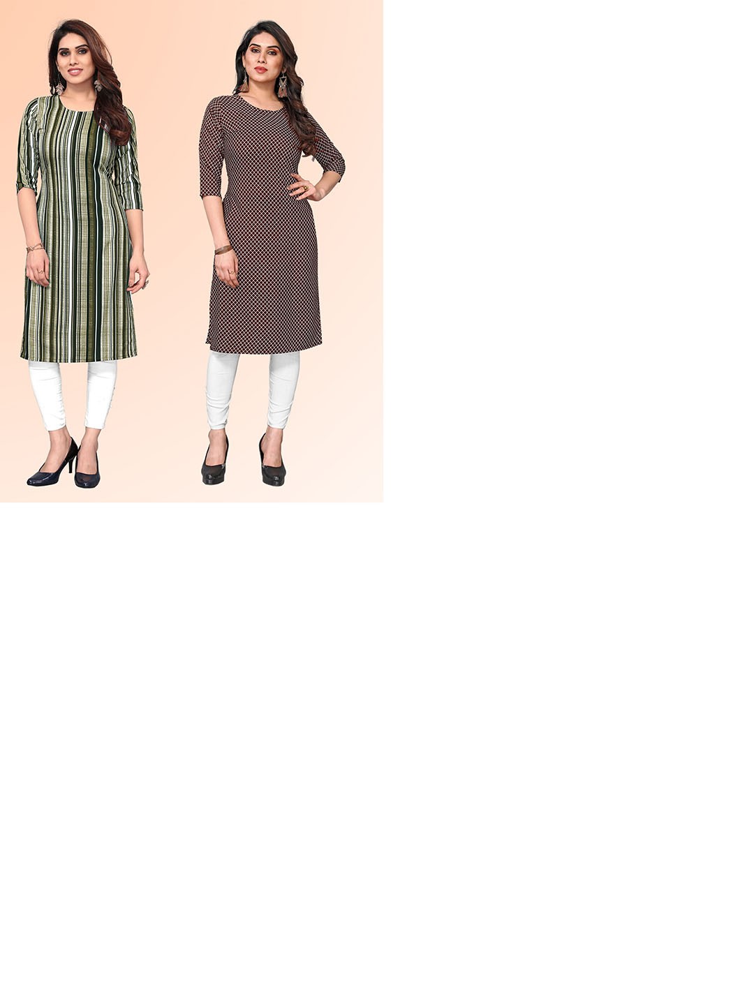 

KETAKI FASHION Selection Of 2 Striped Round Neck Straight Kurtas, Green