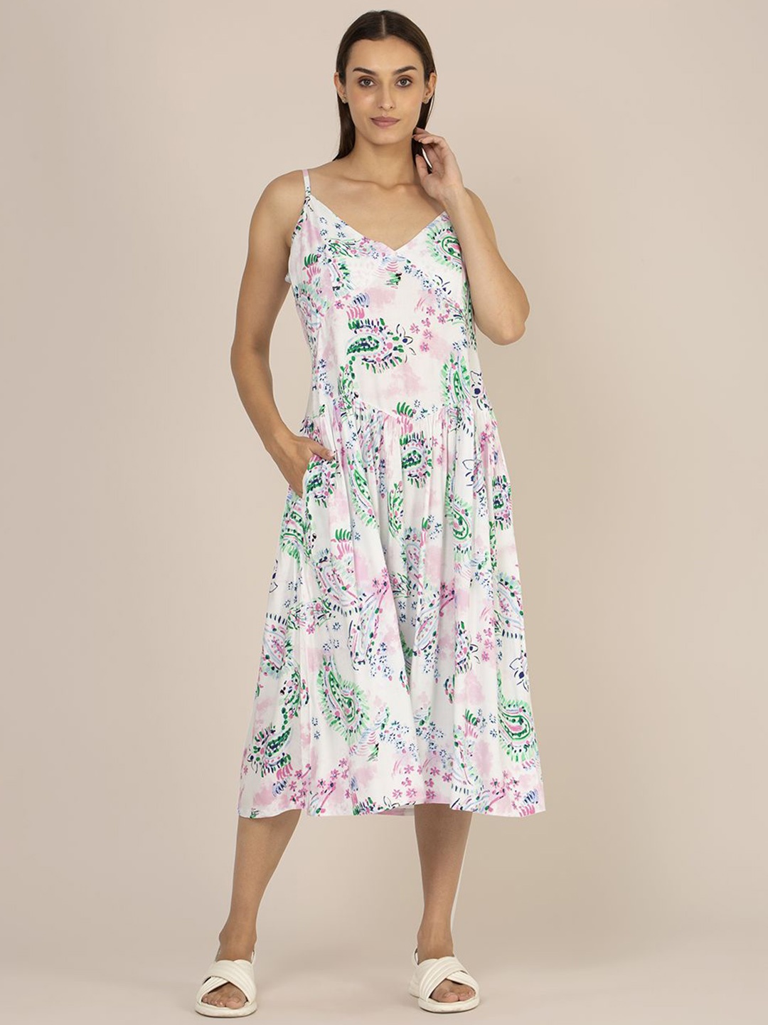 

AMSWAN Women Shoulder Strap Fit and Flare Midi Dress, White