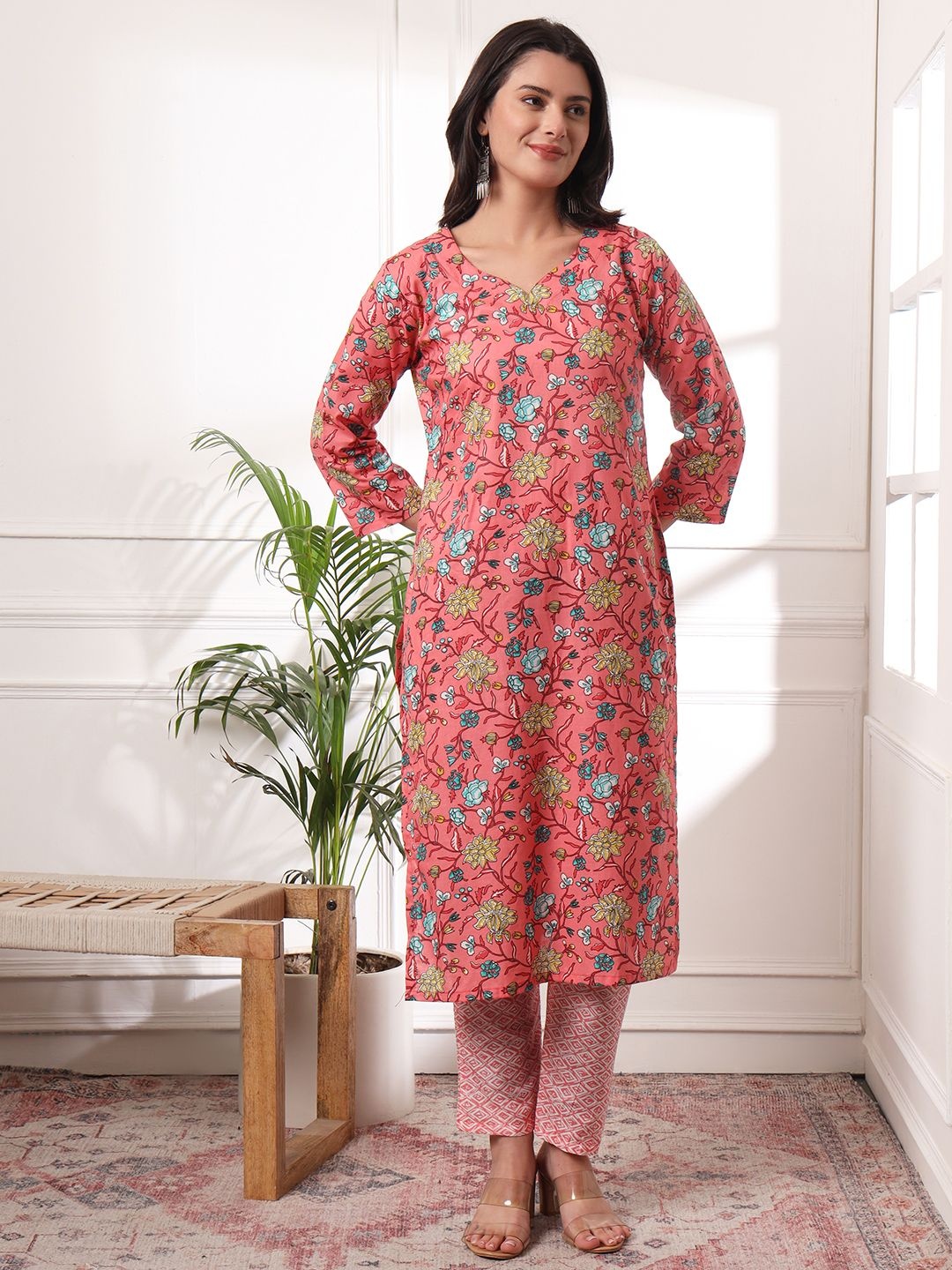 

KALINI Floral Printed Sweetheart Neck Pure Cotton Kurta with Trousers & Dupatta, Rust