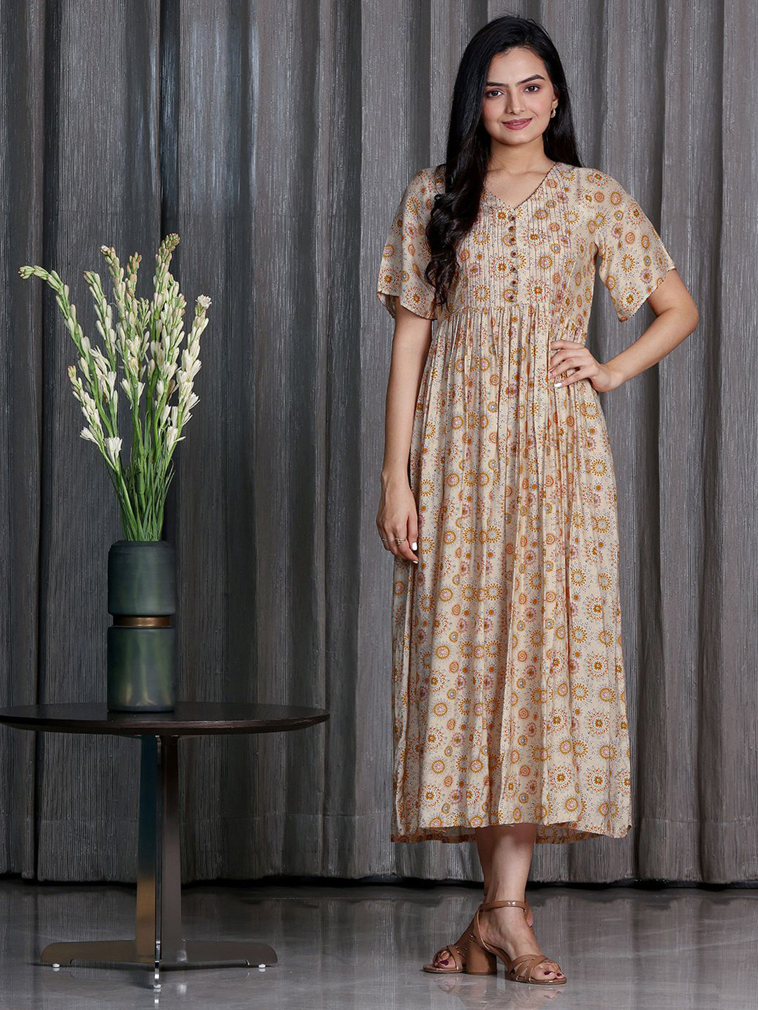 

SUKRUTI DESIGN Jasmine Women Embroidered V-Neck Printed Flared Sleeves Empire Midi Dress, Off white