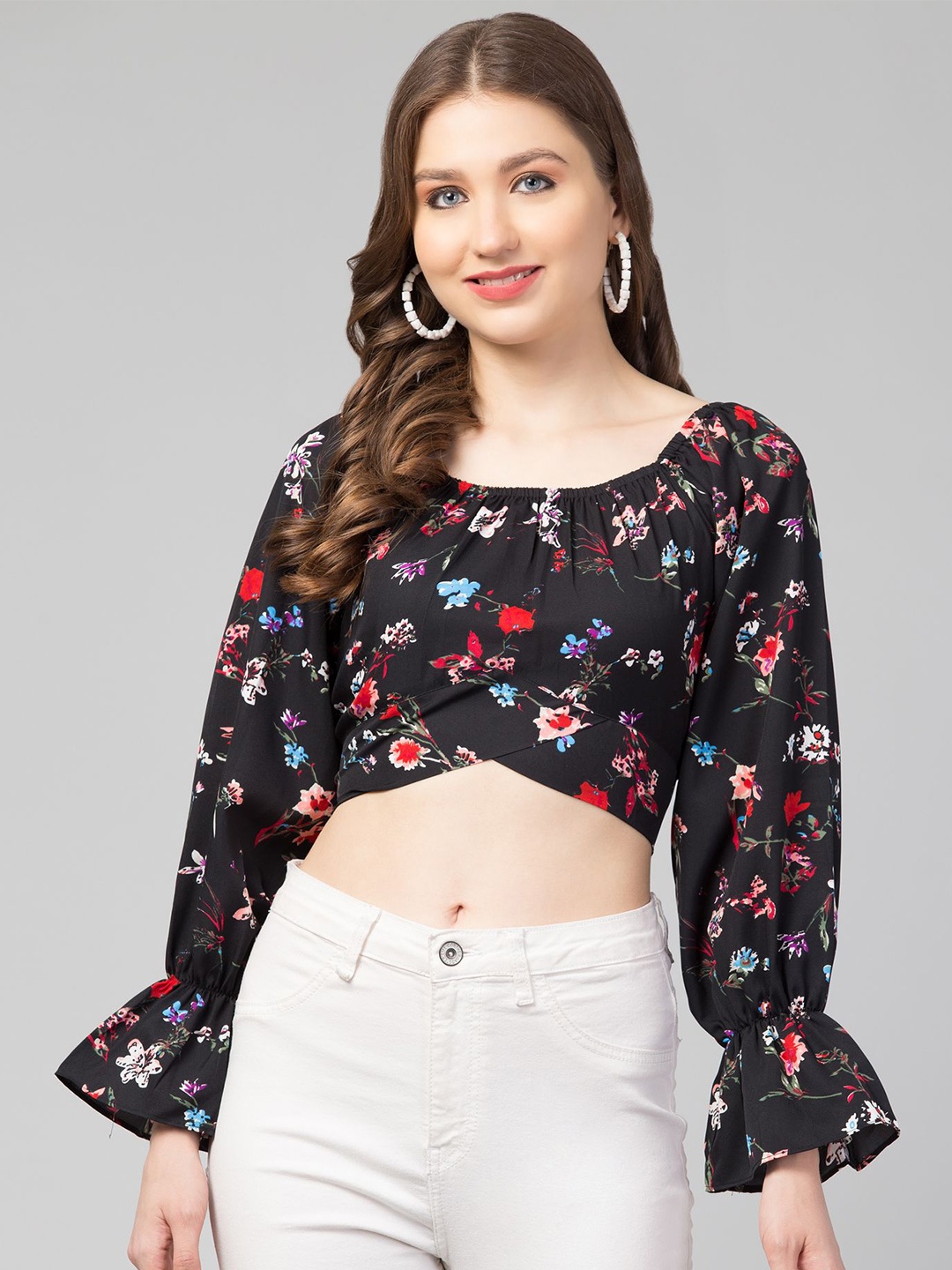 

CULPI Floral Printed Crepe Bell Sleeves Bardot Top, Black