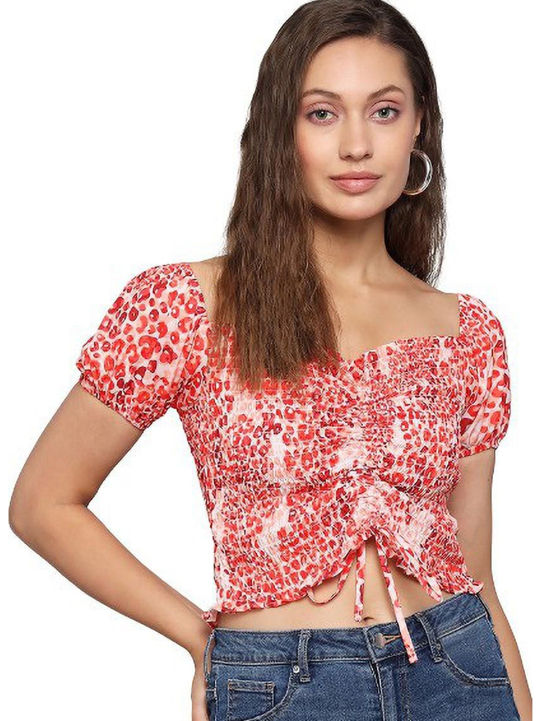 

CULPI Printed Sweetheart Neck Smocking Lace Crop Top, Red