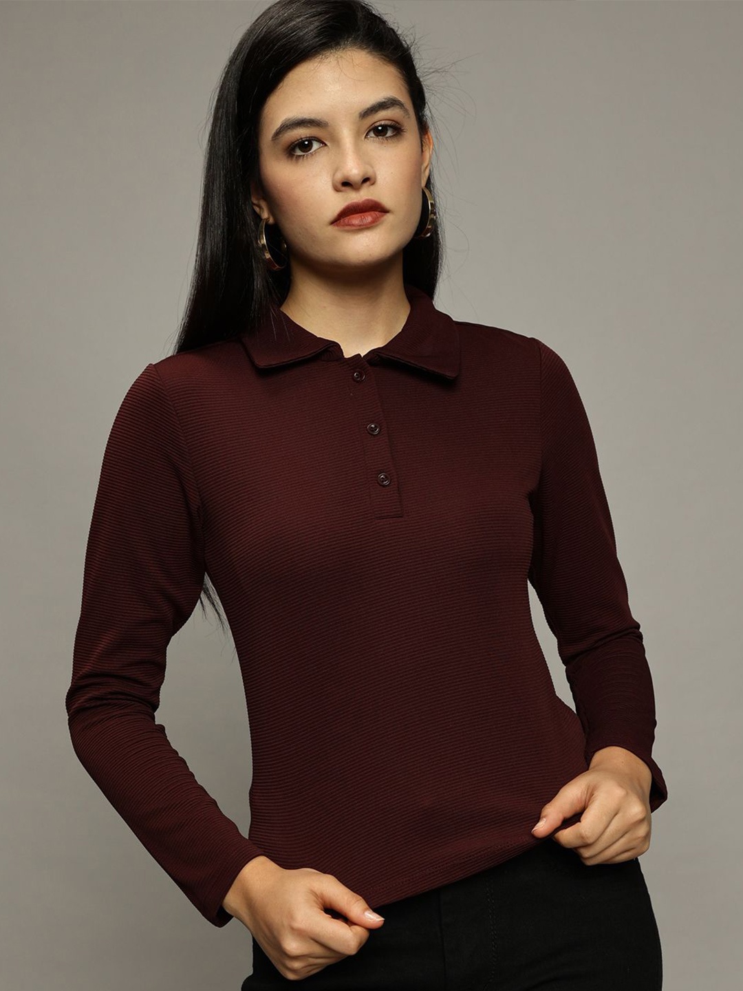 

The Roadster Lifestyle Co. Women Self Design Polo Collar Slim Fit T-shirt, Brown