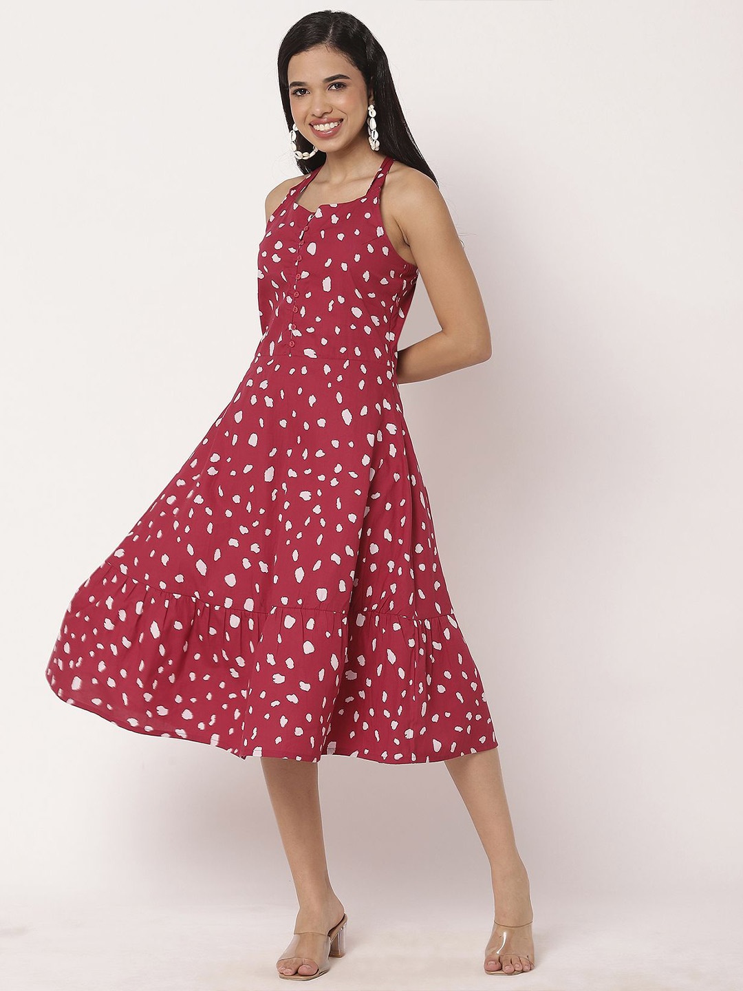 

Moomaya Abstract Printed Shoulder Straps Cotton Fit & Flare Dress, Pink