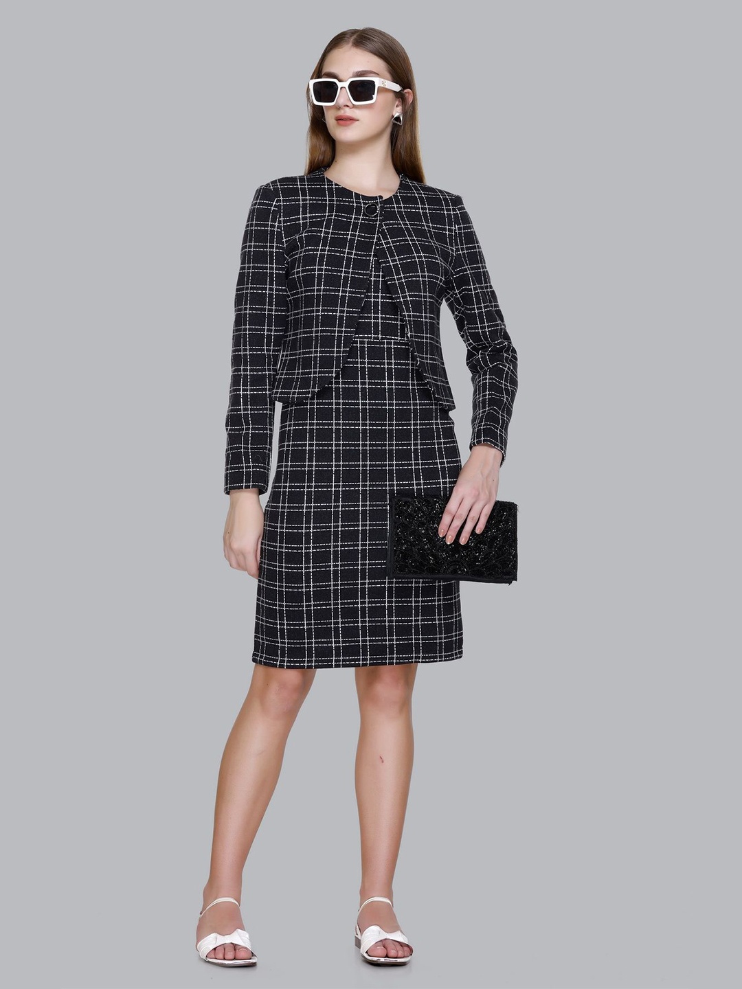 

DIONA Women Checked Woollen A-Line Dress With Coat, Black