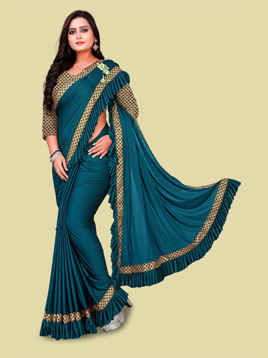

Aika Woven Design Ruffles Pure Silk Designer Saree, Green