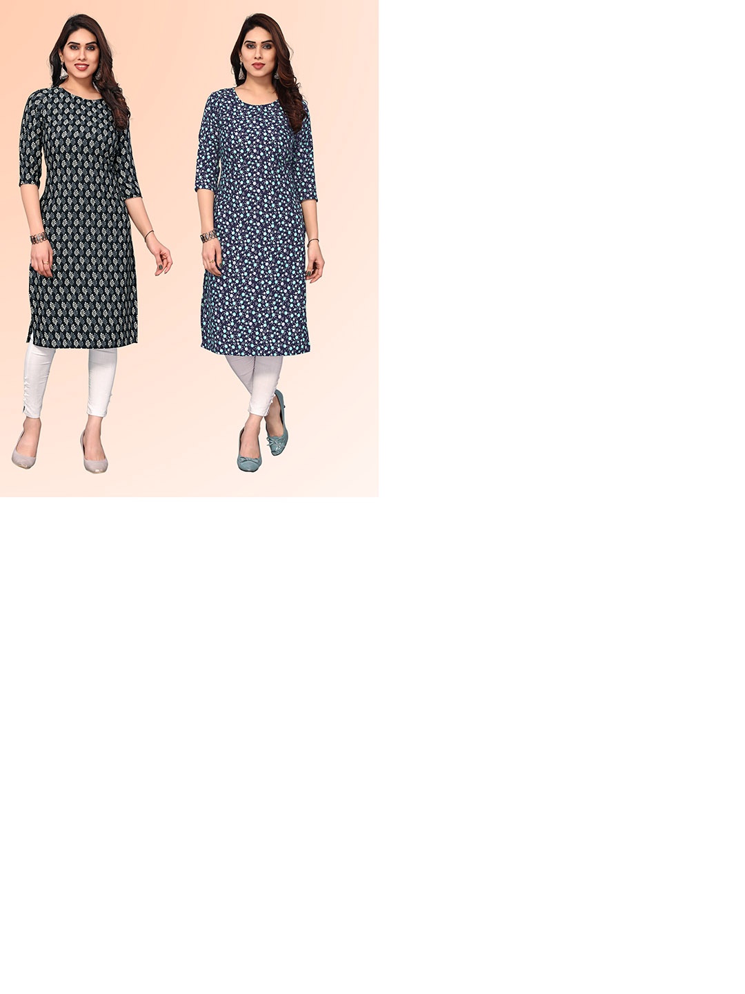 

KETAKI FASHION Selection Of 2 Floral Printed Round Neck Straight Kurtas, Black