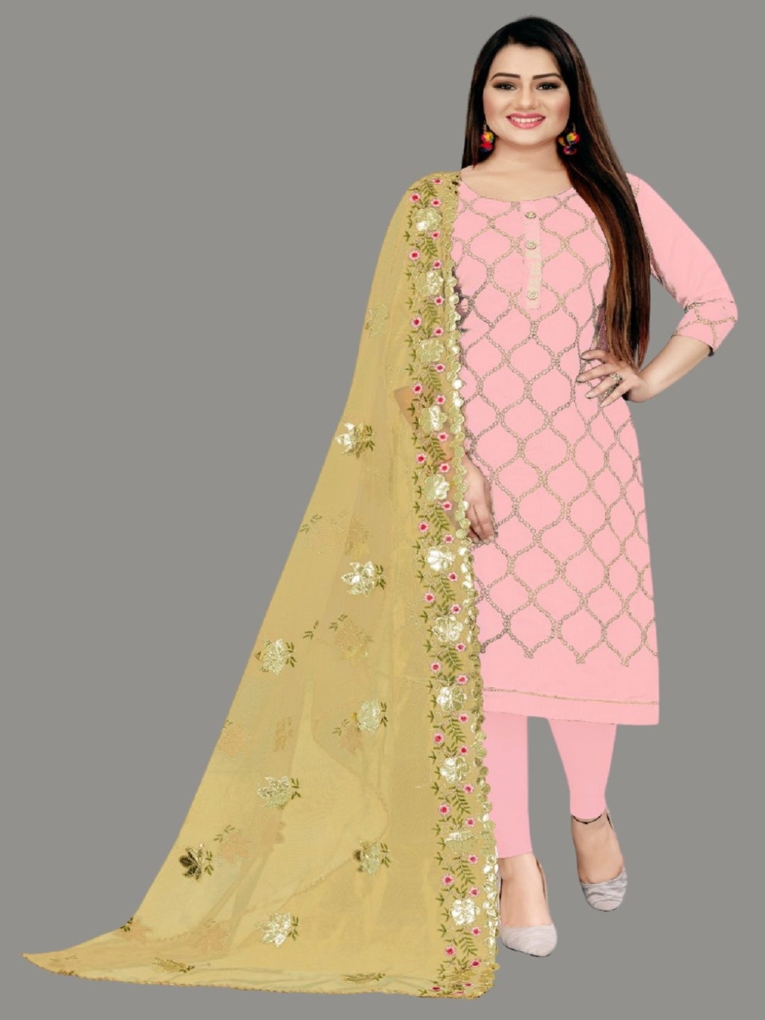 

A TO Z CART Floral Embroidered Pure Silk Unstitched Dress Material, Peach