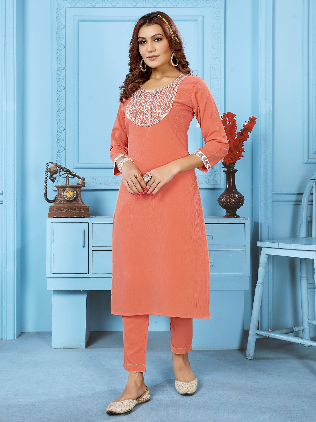 

Artihc Floral Yoke Design Round Neck Thread Work Straight Kurta With Trousers, Orange