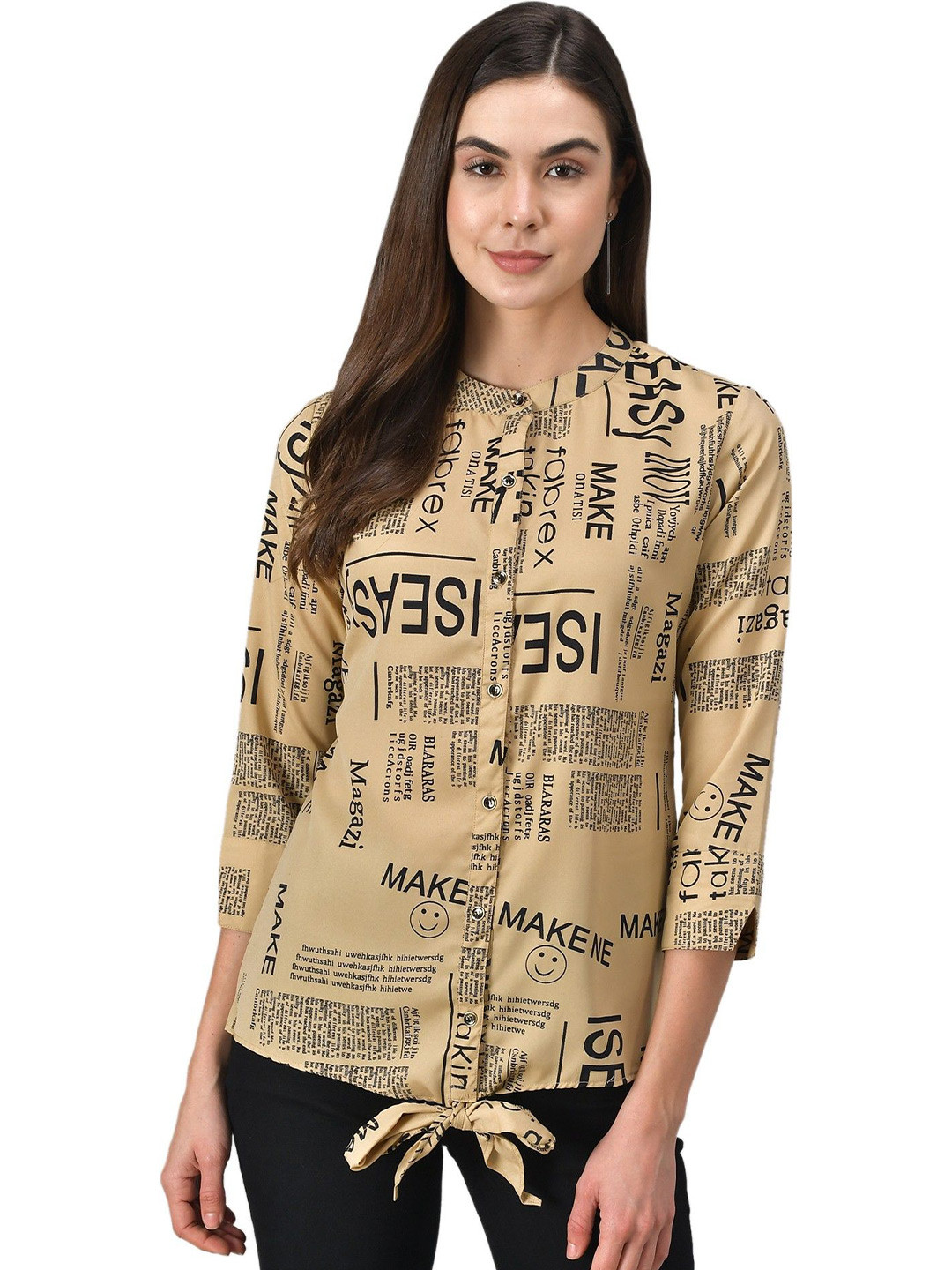 

CULPI Women Typography Printed Shirt Style Top, Beige