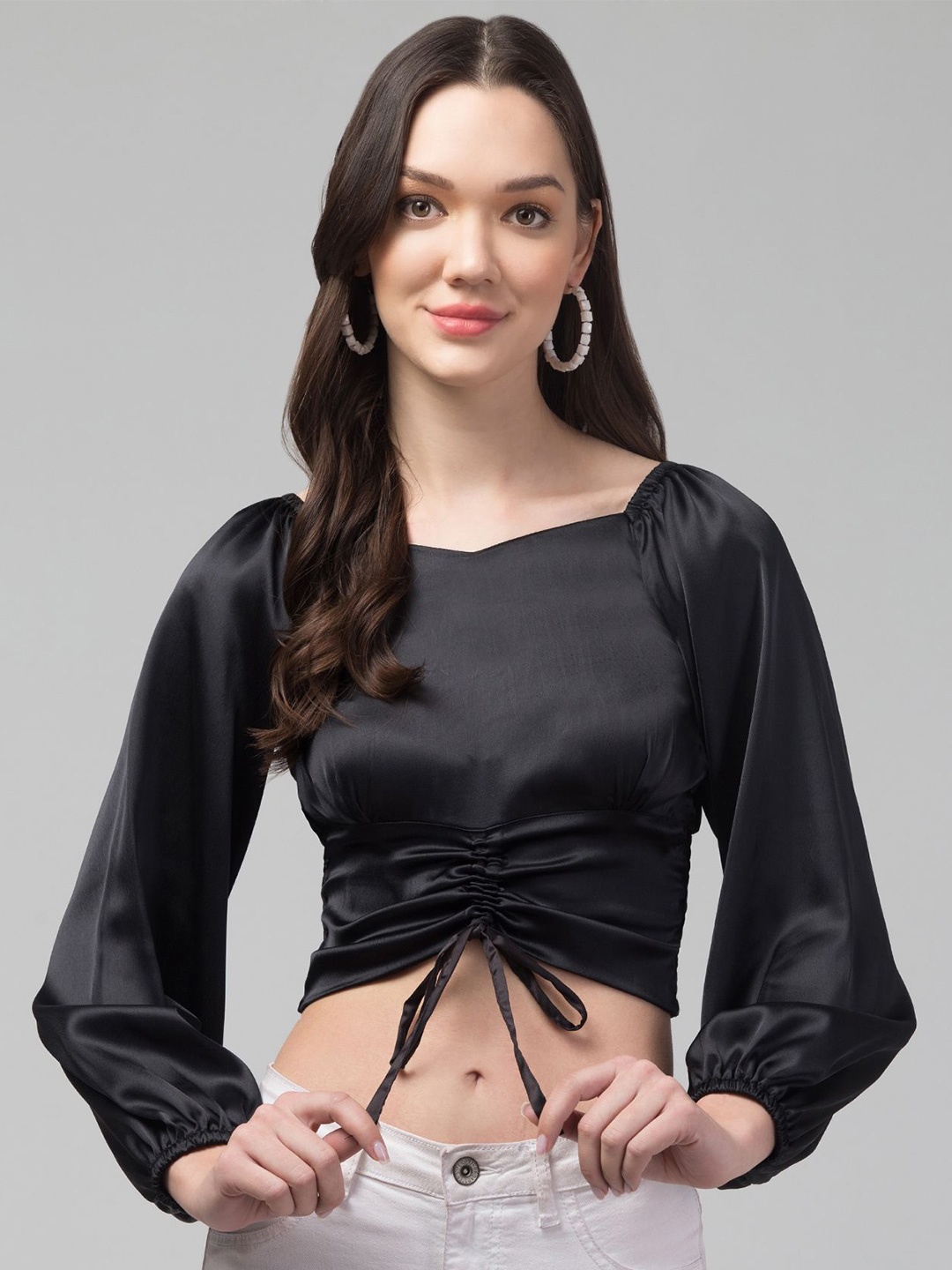 

CULPI Sweetheart Neck Puff Sleeve Satin Crop Top, Black