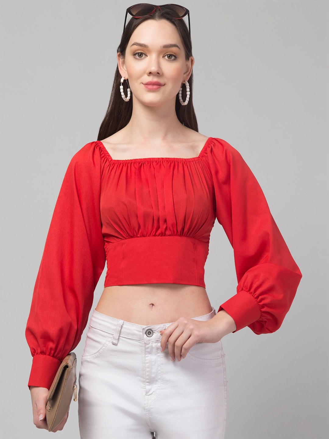 

CULPI Women Square Neck Fitted Crop Top, Red