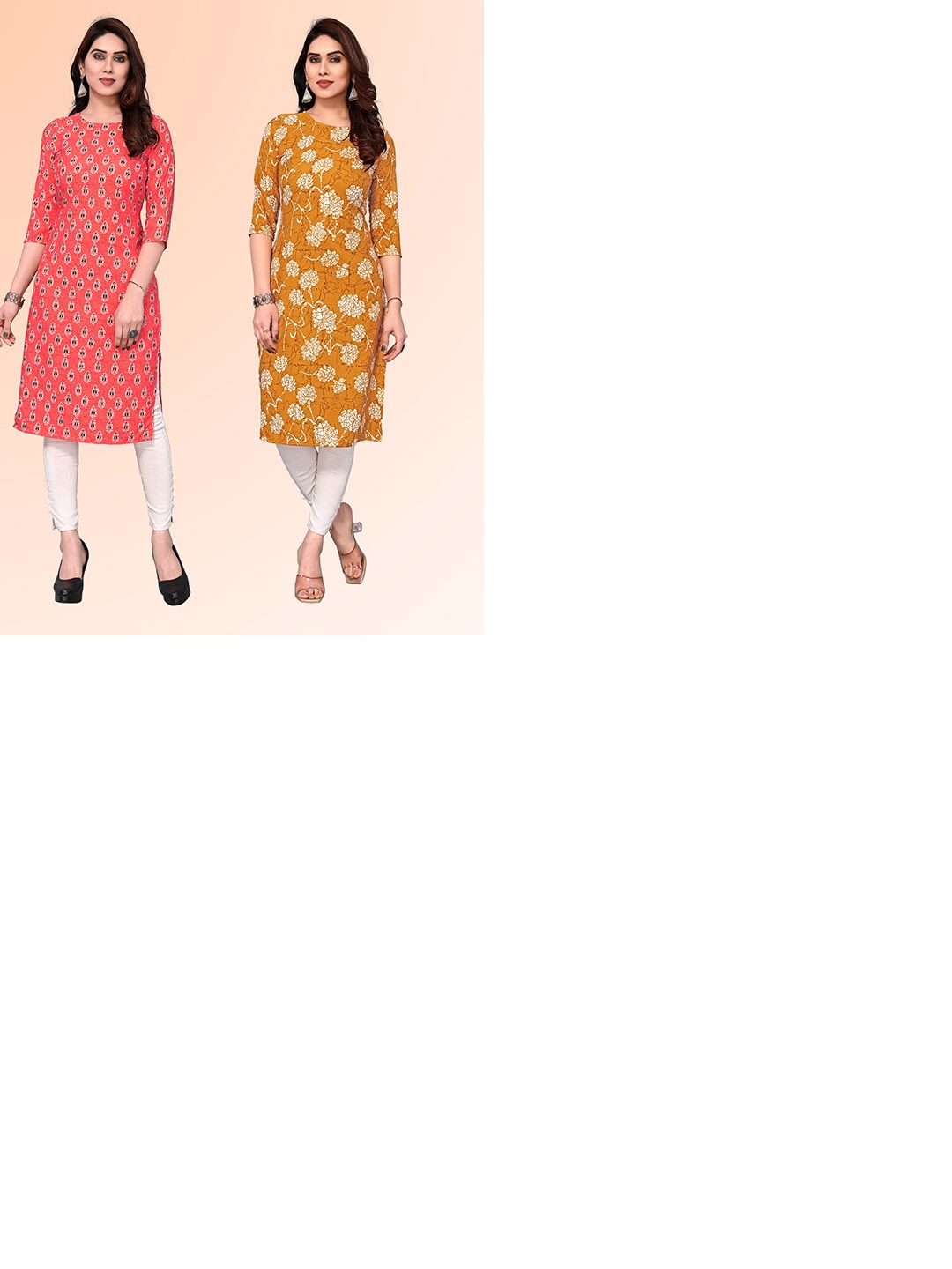 

KETAKI FASHION Selection Of 2 Floral Printed Straight Kurtas, Yellow