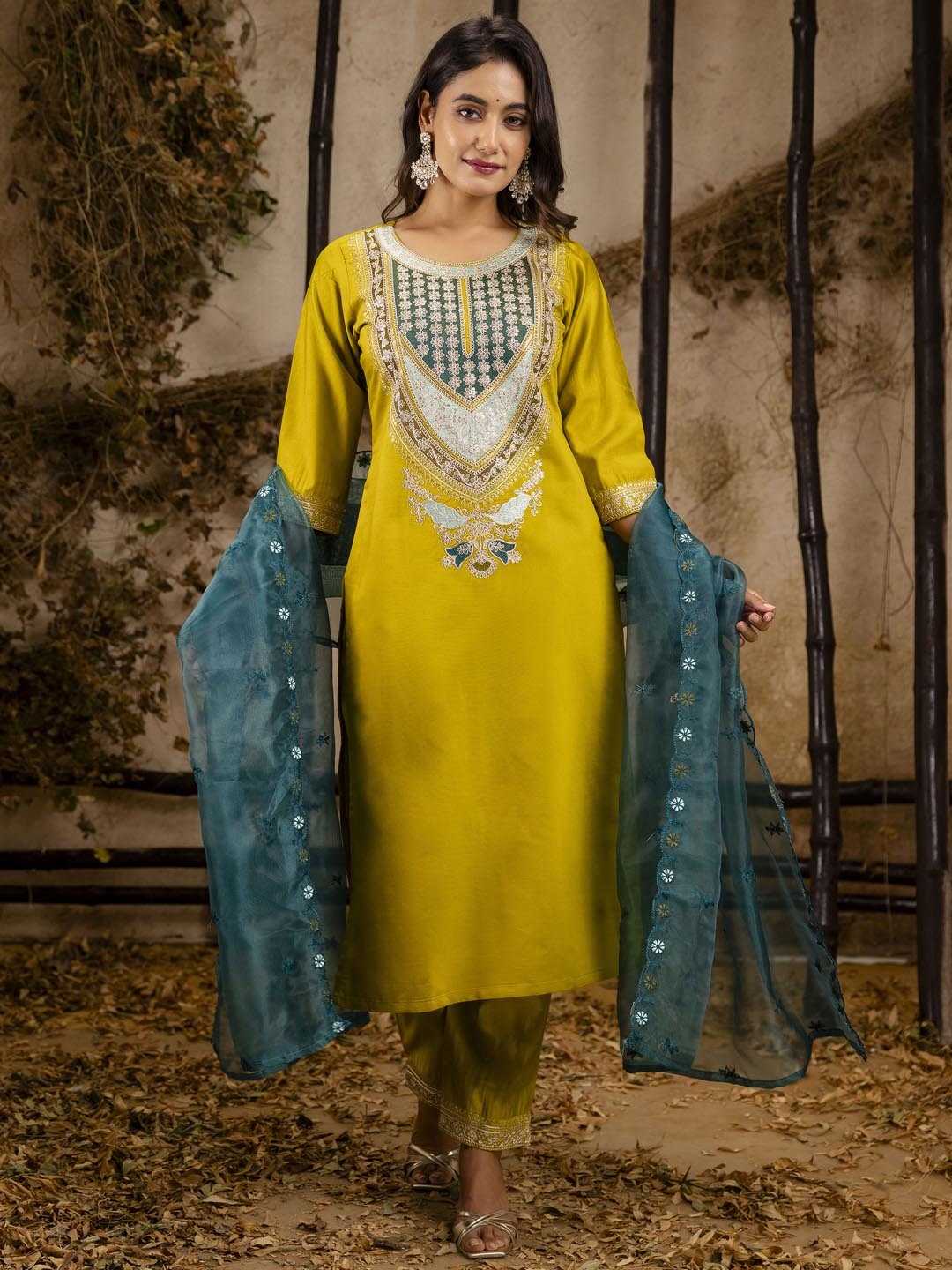 

VredeVogel Floral Yoke Design Printed Sequined Embellished Kurta With Trouser And Dupatta, Yellow