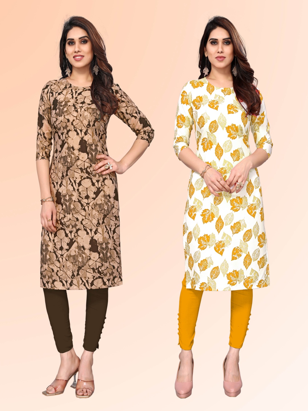 

KETAKI FASHION Selection Of 2 Abstract Printed Round Neck Straight Kurtas, Brown