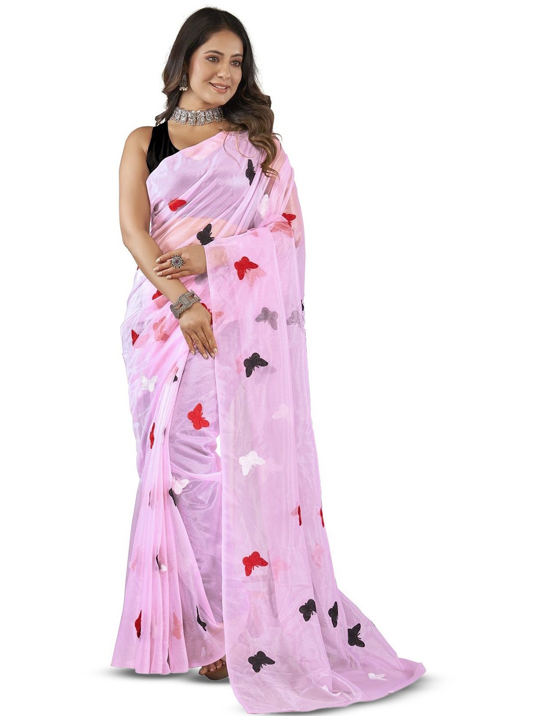 

Aika Ethnic Motifs Embroidered Pure Georgette Saree, Pink