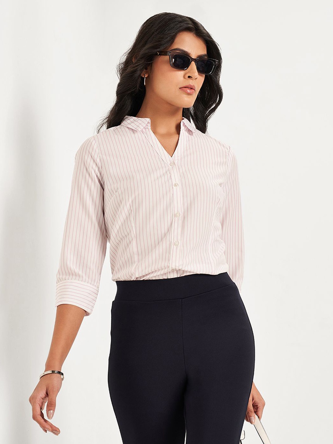 

Annabelle by Pantaloons Striped Shirt Collar Top, Pink