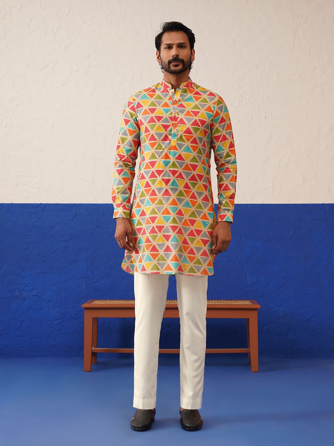 

TheEthnic.Co Geometric Printed Mandarin Collar Pure Cotton Straight Kurta with Trousers, Beige