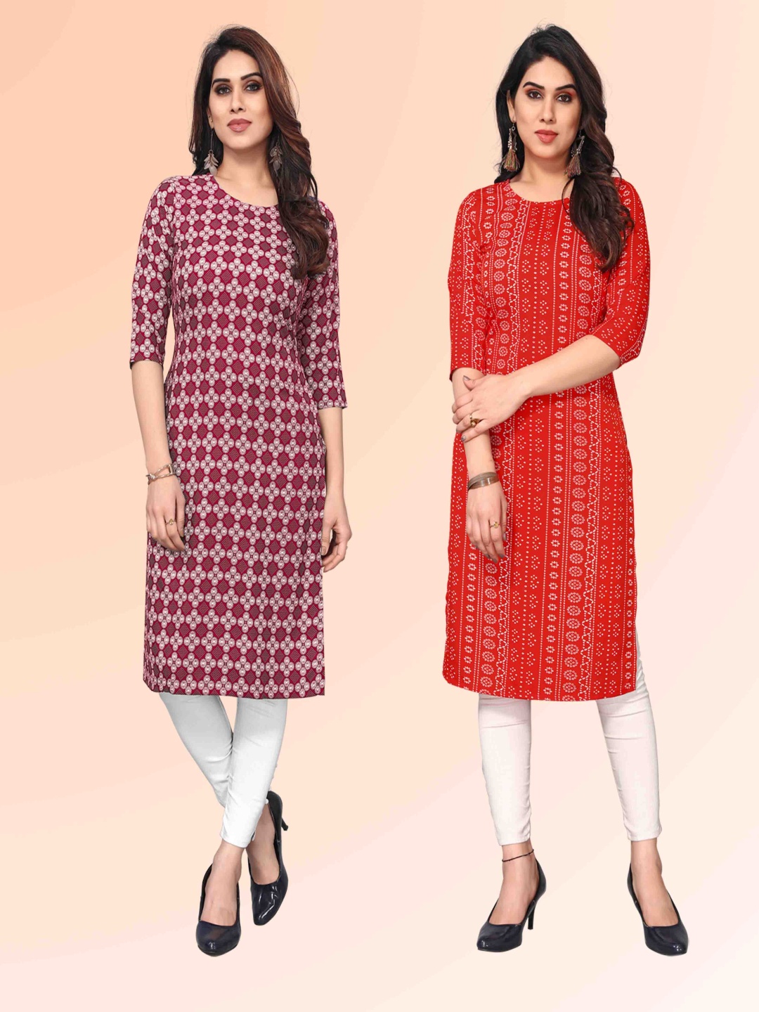 

KETAKI FASHION Selection Of 2 Floral Printed Round Neck Straight Kurtas, Maroon