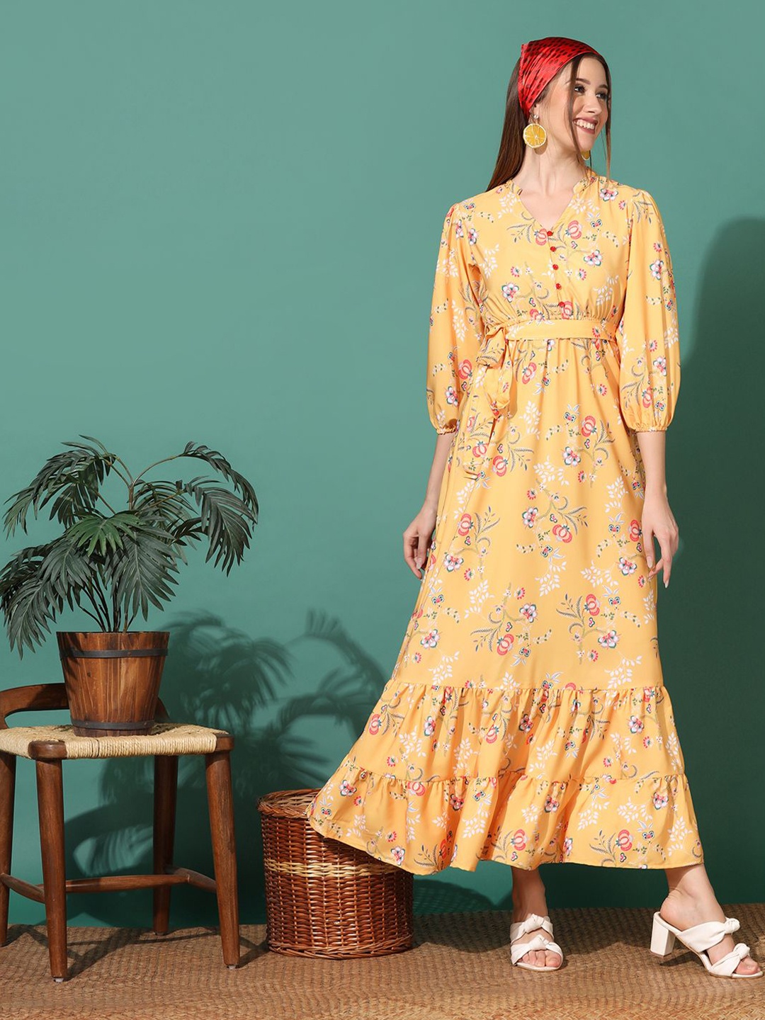 

BAESD Women Floral Printed Puff Sleeve Tiered Maxi Dress with Tie-Up Details, Yellow