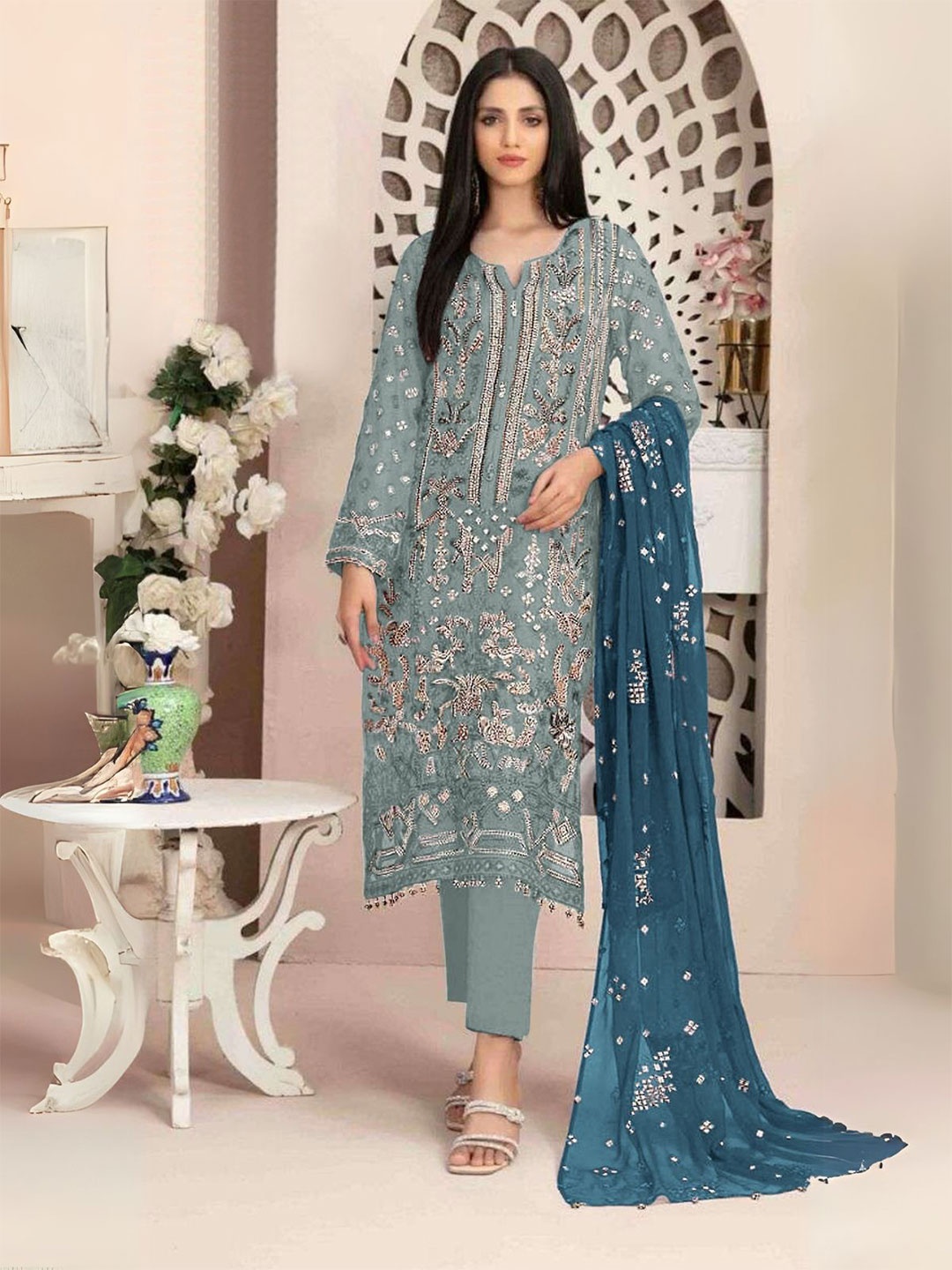 

ODETTE Women Ethnic Motifs Embroidered Regular Kurta with Trousers & With Dupatta, Blue