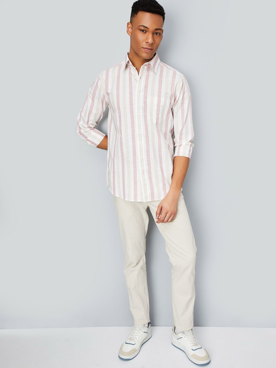 

max Men Spread Collar Vertical Striped Cotton Casual Shirt, White