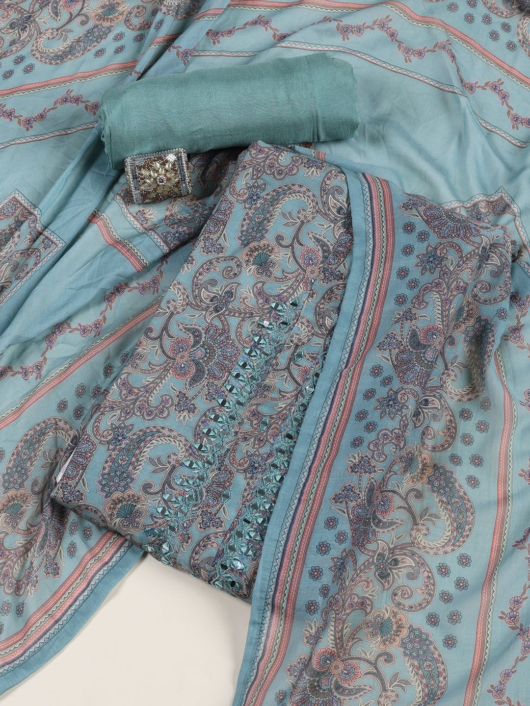 

Meena Bazaar Printed Art Silk Unstitched Dress Material, Blue