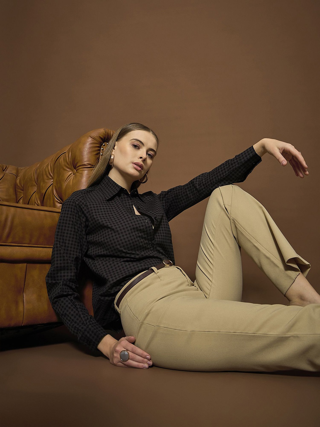 

The Roadster Lifestyle Co. Women Slim Fit Gingham Checked Cotton Casual Shirt, Brown