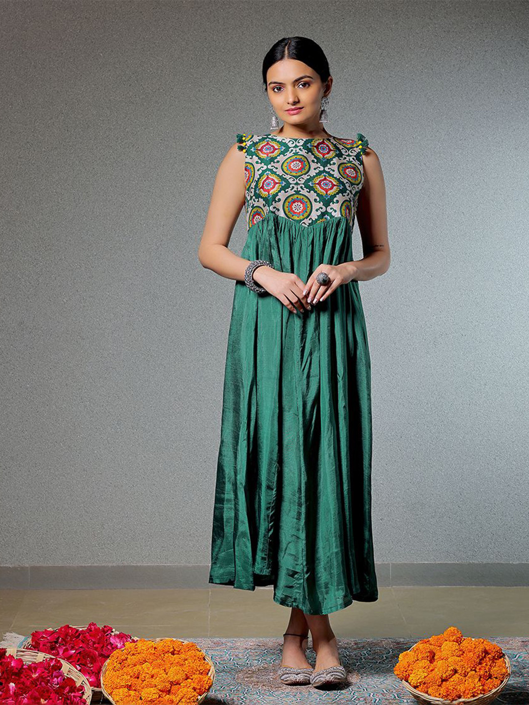 

SUKRUTI DESIGN Floral Print Fit & Flare Maxi Dress, Green