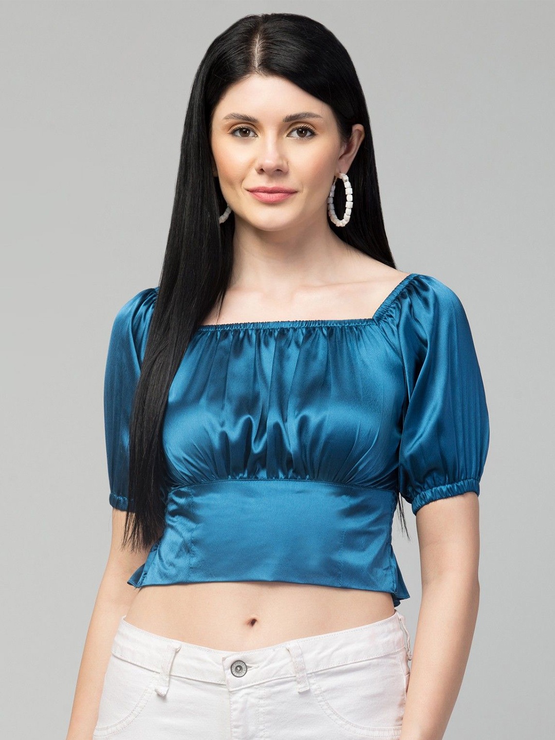 

CULPI Women Puff Sleeve Crop Fitted Top, Blue