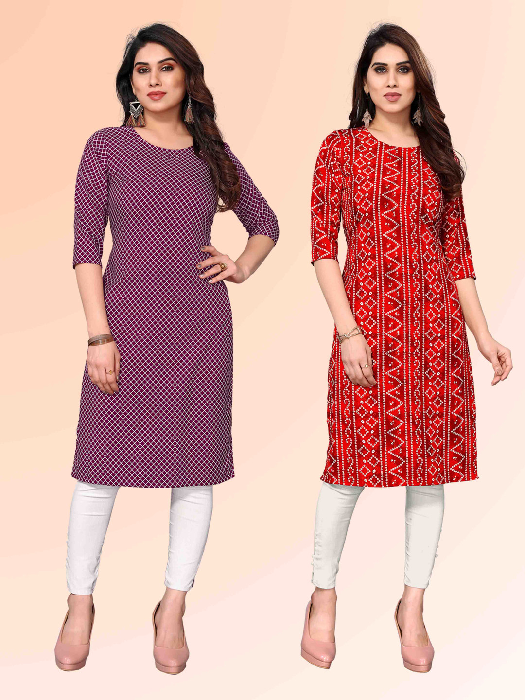 

KETAKI FASHION Selection Of 2 Checked Round Neck Straight Kurtas, Purple