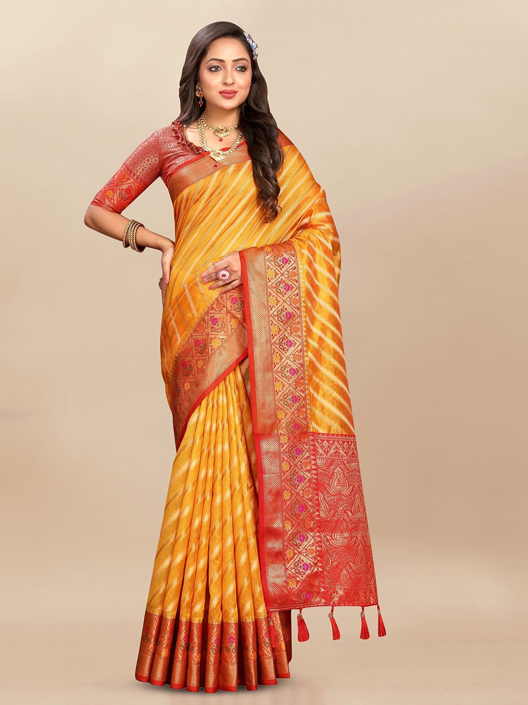 

Upalksh Striped Woven Design Zari Banarasi Saree, Yellow