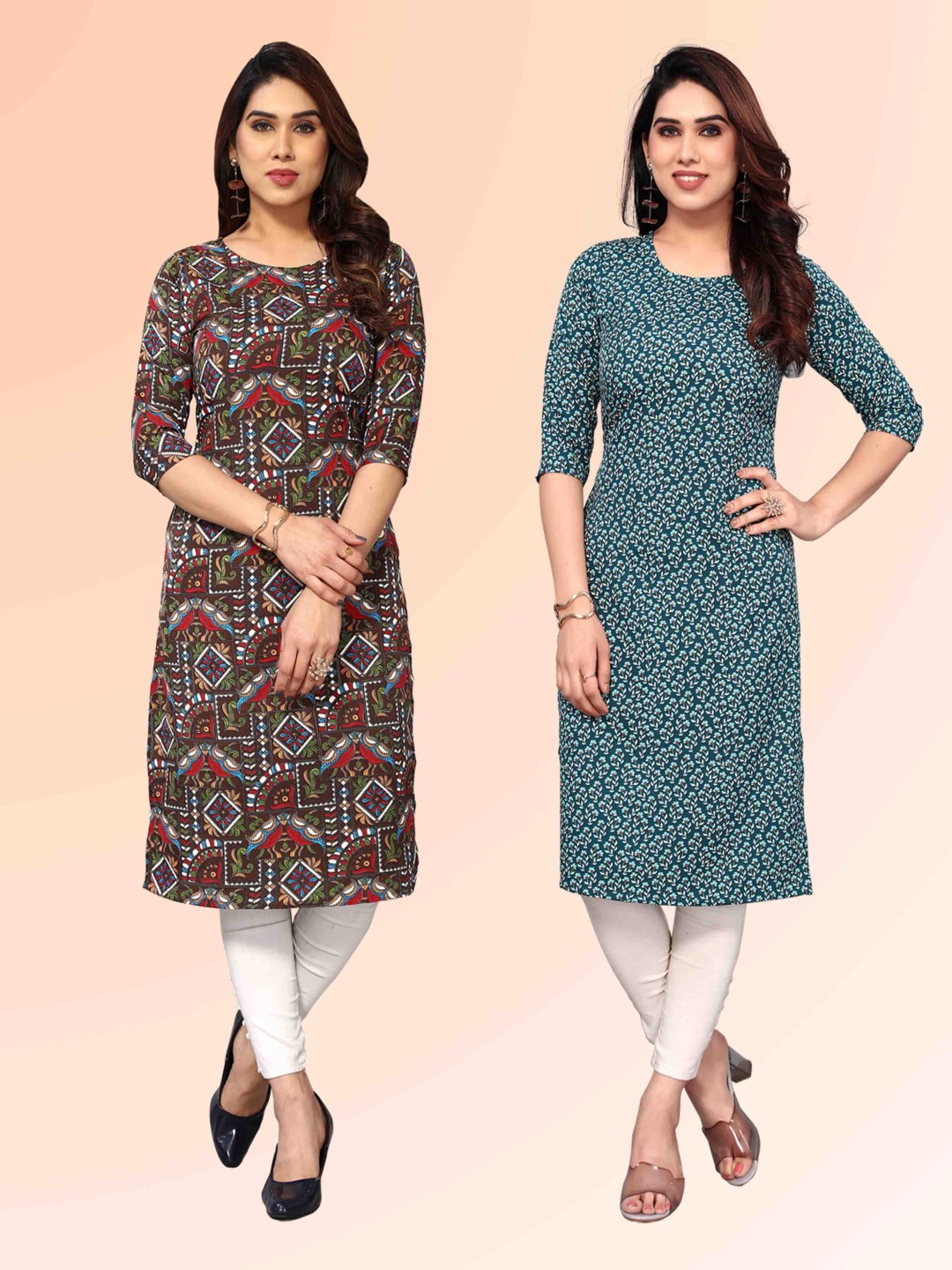 

KETAKI FASHION Selection Of 2 Ethnic Motifs Printed Round Neck Straight Kurtis, Brown