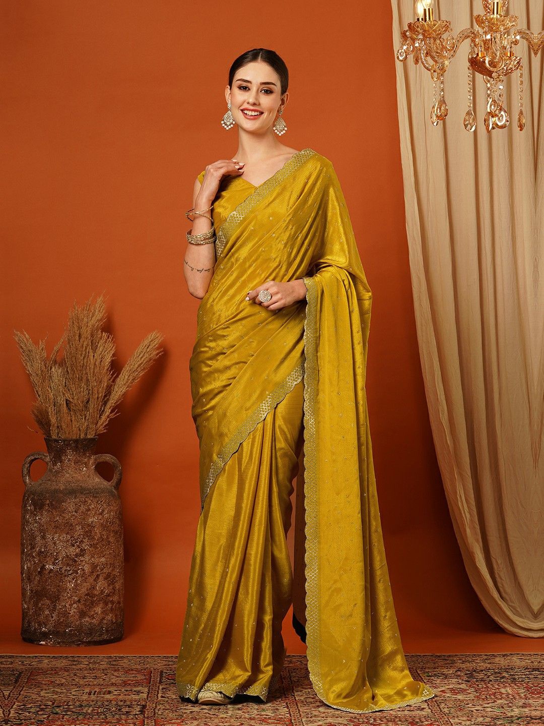 

WINKLECART Embellished Pure Silk Banarasi Saree, Yellow